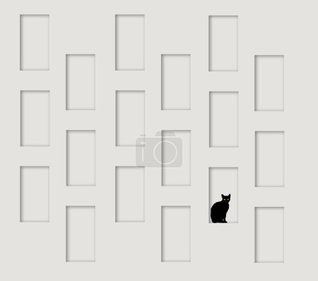 Foto de Un gato negro para Halloween se ve en el alféizar de la ventana en una serie minimalista de ventanas en blanco aisladas sobre un fondo blanco en una ilustración 3-d. - Imagen libre de derechos