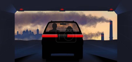 Photo for Metropolitan New York City and New Jersey. A father takes his daughter to the big city and see air pollution, as they exit a tunnel in this is a 3-d illustration. - Royalty Free Image
