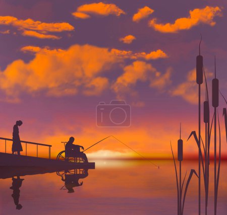 Photo for A man in a wheelchair fishes on a handicapped accessible fishing ramp on a lake at sunset. This is a 3-d illustration about  facilities to accomodate people with disabilities. - Royalty Free Image