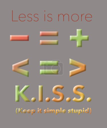 Photo for Math symbols form the old idiom that less is more. Simple is better than complex. Also kiss is an initialism or acronym for keep it simple stupid in this 3-d illustration. - Royalty Free Image