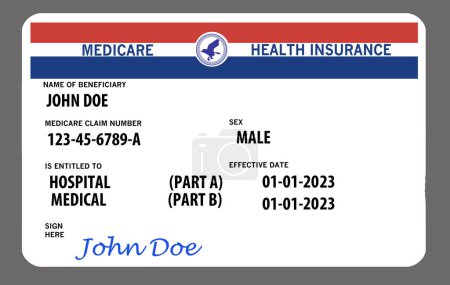 Foto de La tarjeta de identificación es una tarjeta genérica, simulada y federal del plan de seguro médico. Rojo, blanco, azul con tipo negro y logo genérico. No es una tarjeta de Medicare real. - Imagen libre de derechos