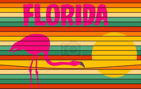 Foto de Una señal de turismo de Florida con un flamenco y puesta de sol se ve en una pared en esta ilustración 3-d. - Imagen libre de derechos