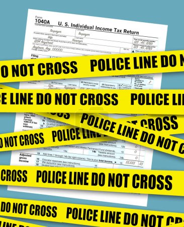 Téléchargez les photos : Un formulaire 1040 de l'impôt fédéral américain sur le revenu se trouve derrière la bande de la scène de crime de la police dans une illustration en 3D sur l'évasion fiscale ou le non-paiement de l'impôt à l'IRS - en image libre de droit