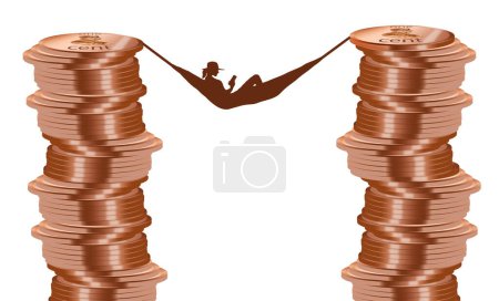 Téléchargez les photos : Une femme se détend dans un hamac entre des piles de pièces qu'elle a épargnées pour sa retraite dans cette illustration en 3D. - en image libre de droit