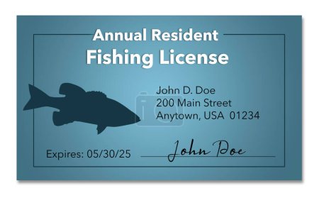 Téléchargez les photos : Voici une licence générique de pêche simulée avec la silhouette de l'image d'un achigan à petite bouche dans la conception. Ceci est une illustration en 3-d sur la pêche sportive. - en image libre de droit