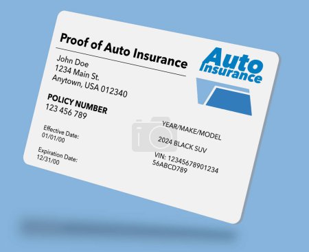 Photo for A proof of automobile insurance card that is a mock , generic card is seen in a 3-d illustration. Auto insurance proof. - Royalty Free Image