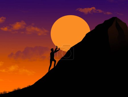 Photo for A silhouetted man at sunset looks as if her is pushing the setting sun up the side of a hill or is a least trying to prevent the sun from sinking in a 3-d illustration. - Royalty Free Image