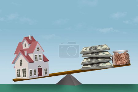 Photo for A house on a seesaw, teeter totter,  is heavier than money being saved to buy the house in a 3-d illustration about rising house prices and mortgage interest rates - Royalty Free Image