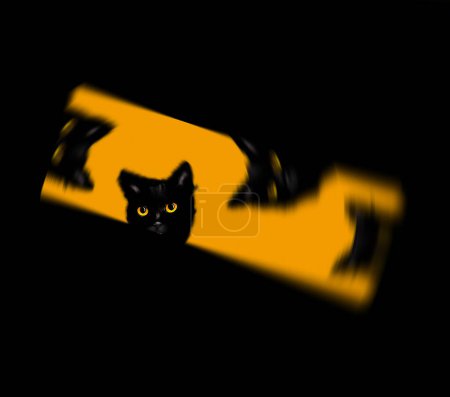 Photo for Black kittens with golden yellow eyes peer into a rectangular opening in a 3-d illustration. - Royalty Free Image