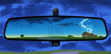 Photo for Climate change and chaning weather results in storms, rain and lightning as seen in the rearview mirror of a car in a rural setting in a 3-d illustration. - Royalty Free Image