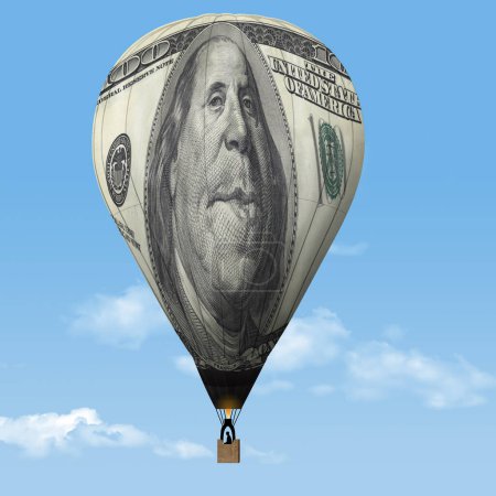 Téléchargez les photos : Un billet gonflé de cent dollars est vu sous la forme d'une montgolfière dans une illustration en 3D sur l'inflation économique. - en image libre de droit