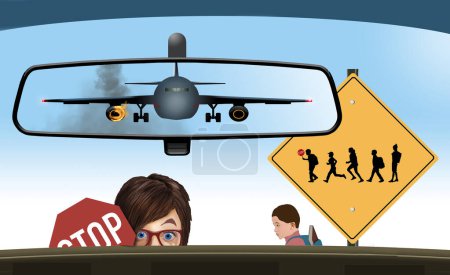 Photo for An airplane on fire is seen in a cars rearview mirror while at a school crosswalk in a  illustration about airplane travel is safer than automobile travel. - Royalty Free Image
