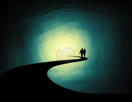 Una pareja, un hombre y una mujer, caminan un camino hacia un tunner de luz con una luz brillante al final en una ilustración en 3-D sobre el viaje de la vida y lo que se avecina.