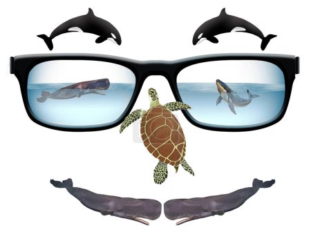 Téléchargez les photos : Voici une illustration en 3-d sur le tourisme d'observation des baleines et propose des orques, des rorquals à bosse et des cachalots et une tortue de mer verte pour faire un visage avec une paire de lunettes. - en image libre de droit