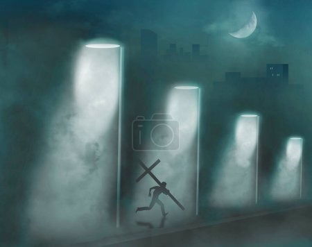Photo for A religious Christian runs with the burden of a wooden cross on his shoulder. He is seen in a 3-d illustration at night in the fog in an urban area. - Royalty Free Image