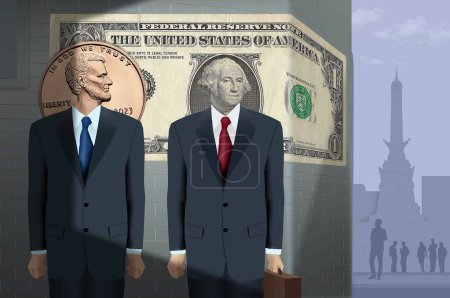 Lincoln y Washington se enfrenta desde EE.UU. dinero mirar a la vuelta de la esquina en Indianápolis, Indiana hacia el círculo monumental en 3-d ilustración sobre lo que sigue para la economía de Indiana.