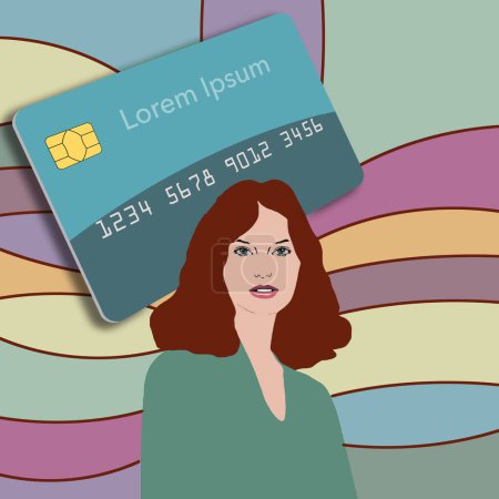 Photo for A beautiful young woman is seen with a generic credit card with space for text. It is all on a colorful background. Lorem ipsum. This is a 3-d illustration. - Royalty Free Image