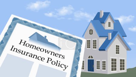 Foto de Una póliza de seguro de propietarios se ve con una casa en el fondo en una ilustración 3-d. - Imagen libre de derechos