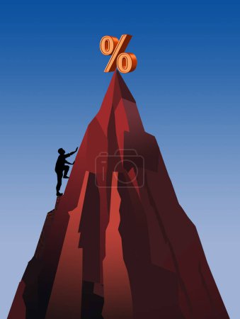 Hohe Zinssätze werden mit einem Prozentsymbol auf der Spitze eines steilen Berges dargestellt. In dieser 3-D-Illustration ist ein Bergsteiger auf dem Weg nach oben zu sehen.