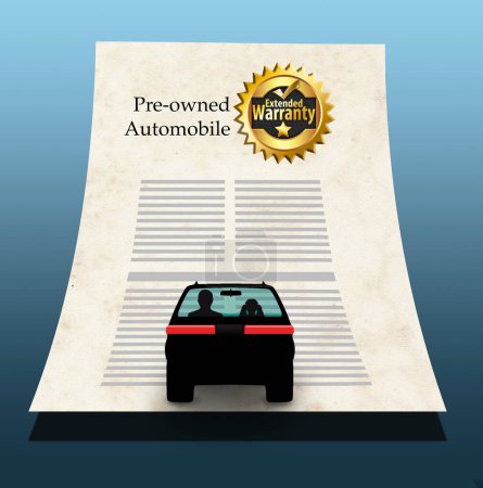 Foto de Un hombre y una muchacha en un coche conducen para arriba en un documento extenso enorme del acuerdo de la garantía para los automóviles de segunda mano en esta ilustración 3-d. - Imagen libre de derechos