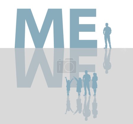 The word me is seen with a man alone and reflected is the word we with a family of four in this illustration about being single or being married.