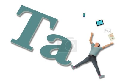 Foto de Un hombre desmayado por el estrés forma la letra X en la palabra impuesto en una ilustración 3-d sobre el cálculo y el pago del impuesto sobre la renta. - Imagen libre de derechos