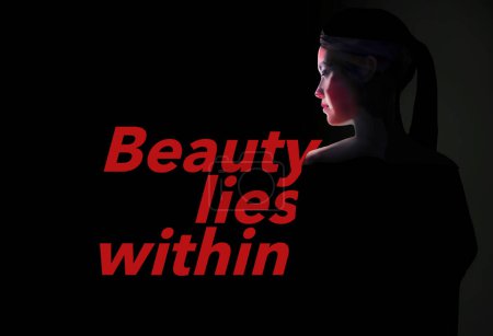 La beauté réside dans le texte est vu avec une image d'une jeune femme dans une illustration 3D.