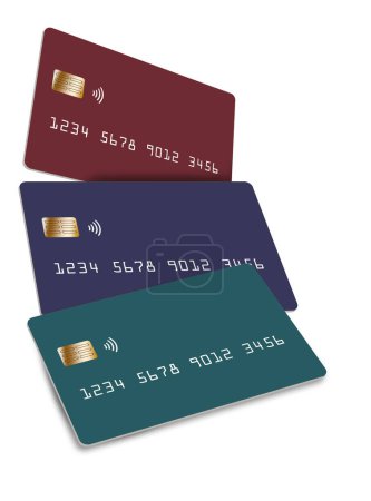 A group of generic, mock, credit cards or debit cards are seen isolated on a white background in a 3-d illustration.