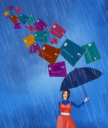 Eine junge Frau lenkt mit einem Regenschirm zahlreiche Kreditkartenangebote ab, die sie per Post und online in dieser 3-D-Illustration erhält.