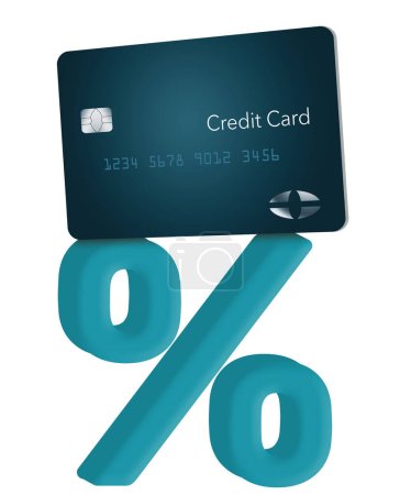 Téléchargez les photos : Une fausse carte de crédit générique est visible au-dessus d'un symbole de pourcentage 3-d dans un illustrateur 3-d sur les taux d'intérêt facturés aux utilisateurs de la carte de crédit. - en image libre de droit