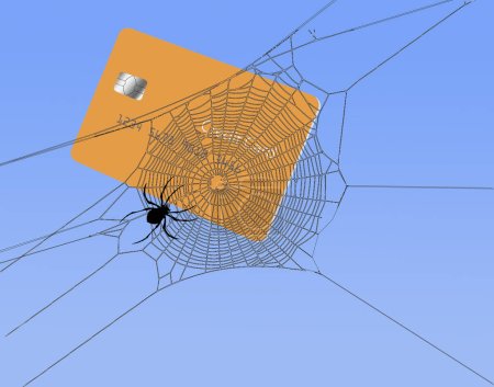 Photo for A spiders web captures a generic credit card in aN illustration about feeling trapped by credit card payments and high interest rates. - Royalty Free Image