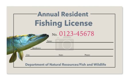 Téléchargez les photos : Voici une licence générique de pêche simulée avec le muskie image dans la conception. Ceci est une illustration en 3-d sur la pêche sportive. - en image libre de droit