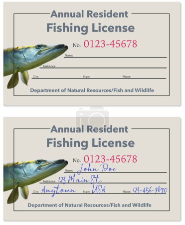 Téléchargez les photos : Voici une licence générique de pêche simulée avec le muskie image dans la conception. Ceci est une illustration en 3-d sur la pêche sportive. - en image libre de droit