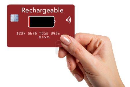 A rechargeable credit card is seen in a girls hand in a illustration isolated on the background.