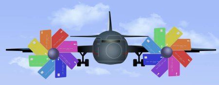 Foto de Las tarjetas de crédito parecen hélices en un avión en una ilustración 3-d sobre el uso de crédito para viajes en avión. - Imagen libre de derechos