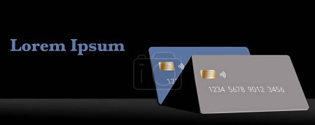 Two generic credit cards or debit cards are seen in strong contrasty light on a black background. There is text space or copy area, lorem upsum, in this 3-d illustration.
