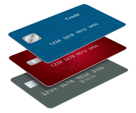 Drei Kredit- oder Debitkarten, rot, grün und blau, schweben in einer 3-D-Illustration über Finanzen und Bankwesen übereinander..
