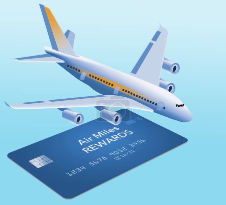 Foto de Una tarjeta de crédito de recompensa de millas aéreas se ve aislada en un fondo azul con un avión en una ilustración 3-d sobre recompensas de viajero frecuente. - Imagen libre de derechos
