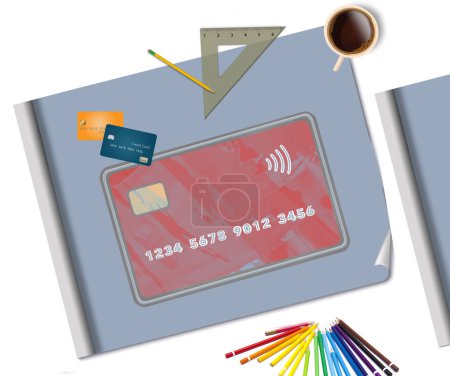Téléchargez les photos : Un design de carte de crédit est vu sur la planche à dessin dans cette illustration 3-d sur la conception de votre propre carte bancaire. - en image libre de droit