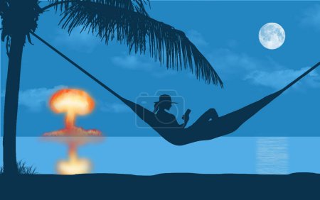 Photo for A frightening scenario is pictured as an atomic bomb explodes into a mushroom cloud in the distance as a young woman rests in a hammock in the moonlight on a beach. This is a 3-d illustration. - Royalty Free Image