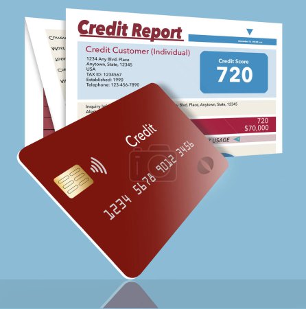 A credit bureau credit report is seen with a generic red credit card in a 3-d illustration about how your credit card history determines credit rating.