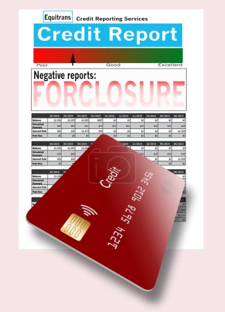 Un rapport de crédit d'agence de crédit est vu avec une carte de crédit rouge générique dans une illustration 3D sur la façon dont votre historique de carte de crédit détermine la cote de crédit.