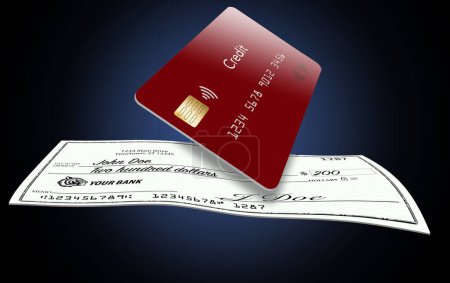A check and a credit card are seen in a 3-d illustration about how debts are paid.
