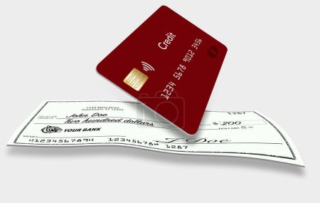 Un cheque y una tarjeta de crédito se ven en una ilustración 3-d sobre cómo se pagan las deudas.