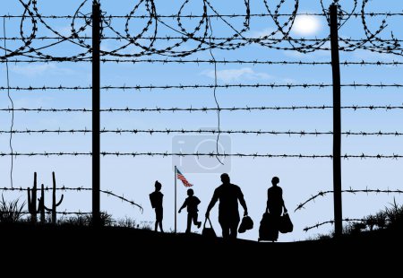 A man and woman and two children are seen in silhouette after breaching a border fence on the southern border of the USA. They have gone through a broken barbed wire fence at mid-day. A USA flag can be seen in the distance.