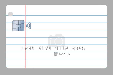 A credit card that looks like school notebook paper is seen in a 3-d illustration.