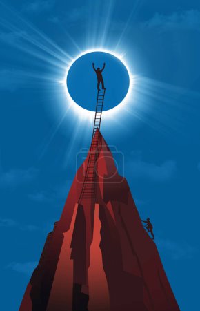 Foto de Una mirada más cercana. Un hombre sube a un pico de montaña para echar un vistazo más de cerca al eclipse solar 8 de abril de 2024. - Imagen libre de derechos