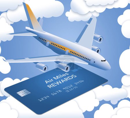 An air miles reward credit card is seen isolated on a blue background with an airliner in a 3-d illustration about frequent flyer rewards.