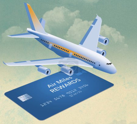 Foto de Una tarjeta de crédito de recompensa de millas aéreas se ve aislada en un fondo de cielo con un avión en una ilustración 3-d sobre recompensas de viajero frecuente. - Imagen libre de derechos