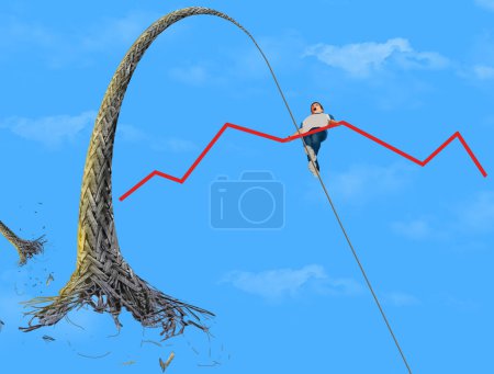 Photo for A tight rope walker is seen overhead  using an up and dow stock market chart for balance on a tight rope that has snapped. This is a 3-d illustration about the economy. - Royalty Free Image